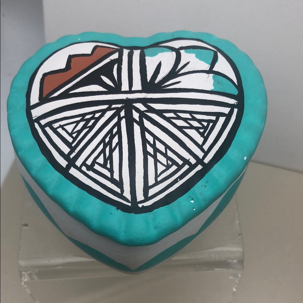 Pueblo Inspired Heart-Shaped Trinket Box in Teal and White From New Mexico